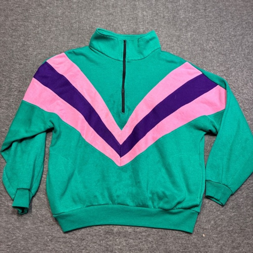 80s Vintage Kings Row Quarter Zip Pullover‎ Mens XL Green Chevron Stripe USA